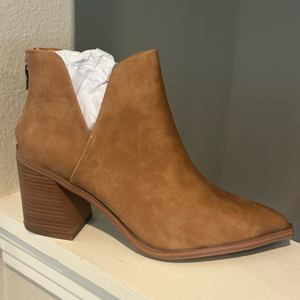 FISACE Womens Pointed Toe Stacked Mid Heel Ankle Boots V Cut Back Zipper Size 11 - Picture 2 of 9